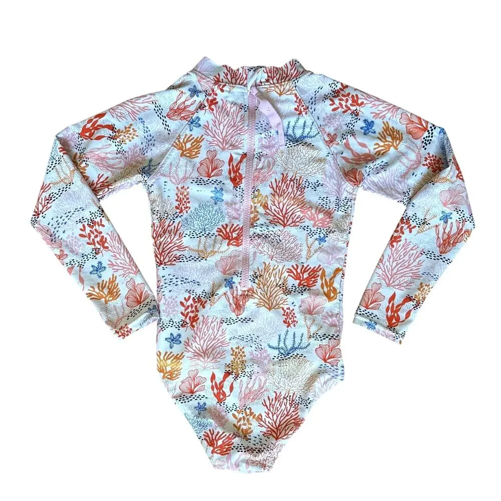 tame the sun Girls Long Sleeve One Piece Swimsuit in Coral Print Size 7